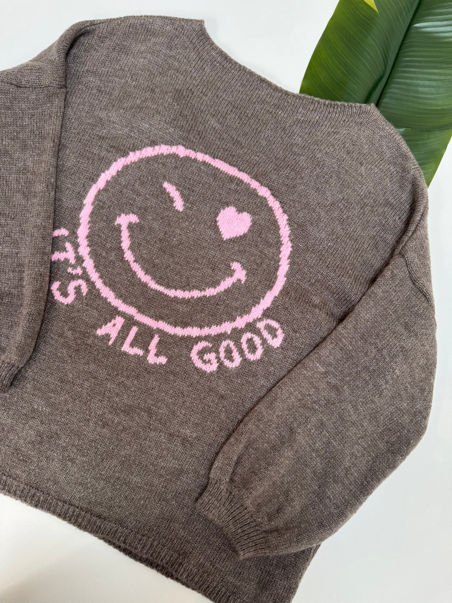 Oversize Strickpullover mit Smiley&Rückenprint taupe/rosa