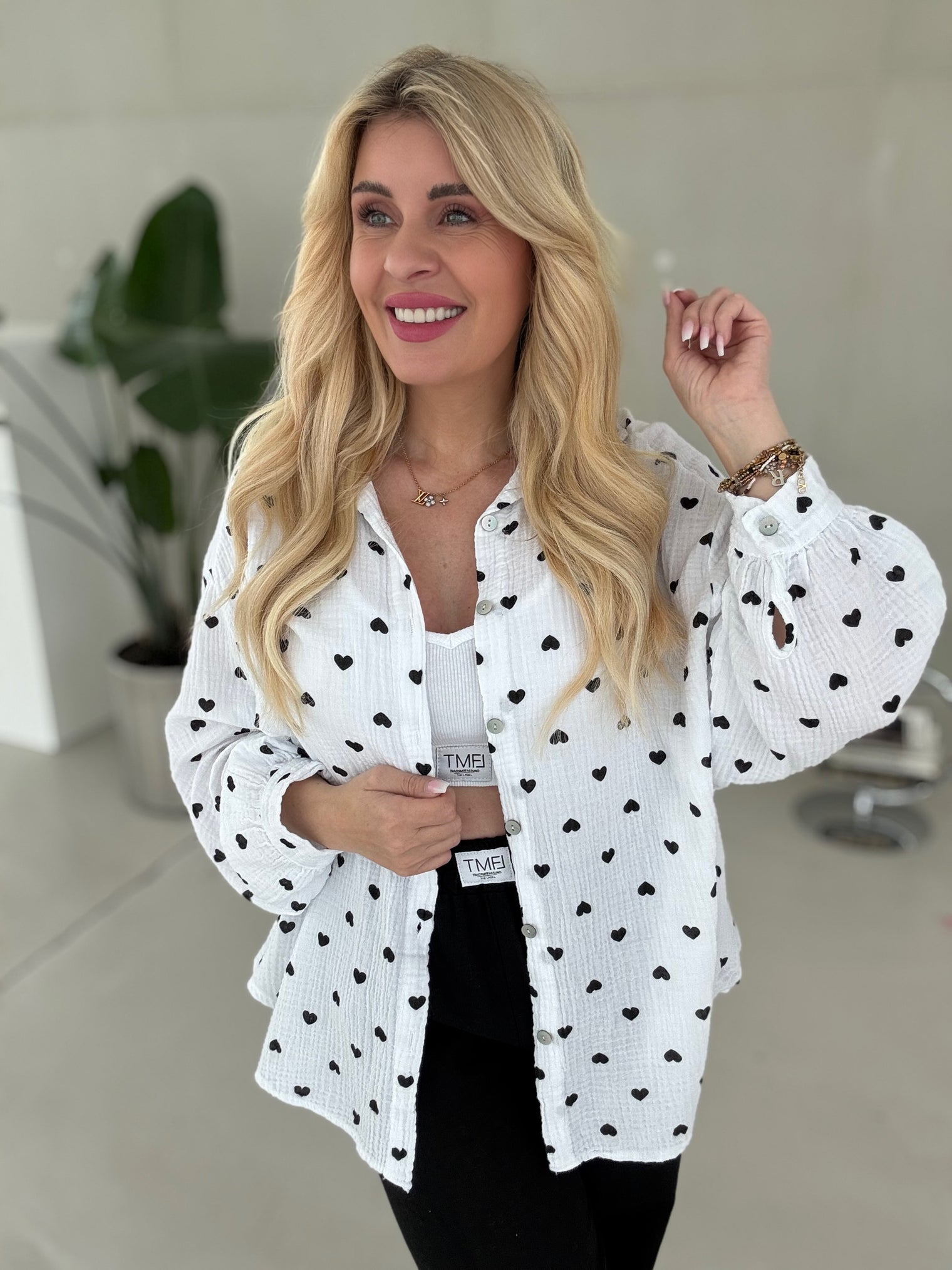 Signature Musselin Bluse HEARTS Knopfleiste WEIß/SCHWARZ