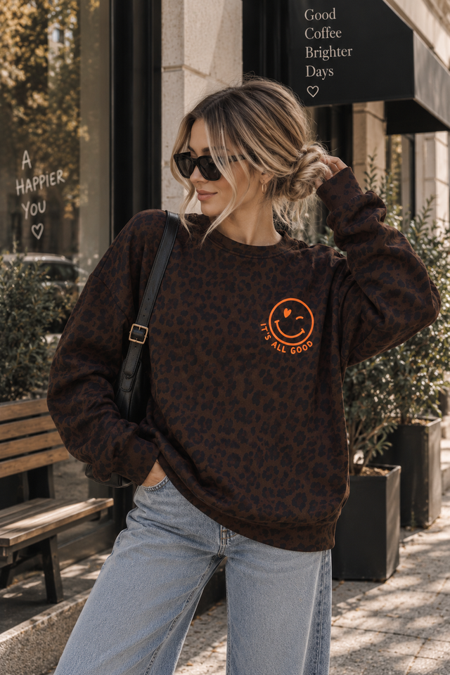 Oversize Sweater dark chocolate Leo ITS ALL GOOD orange mit Rückenprint