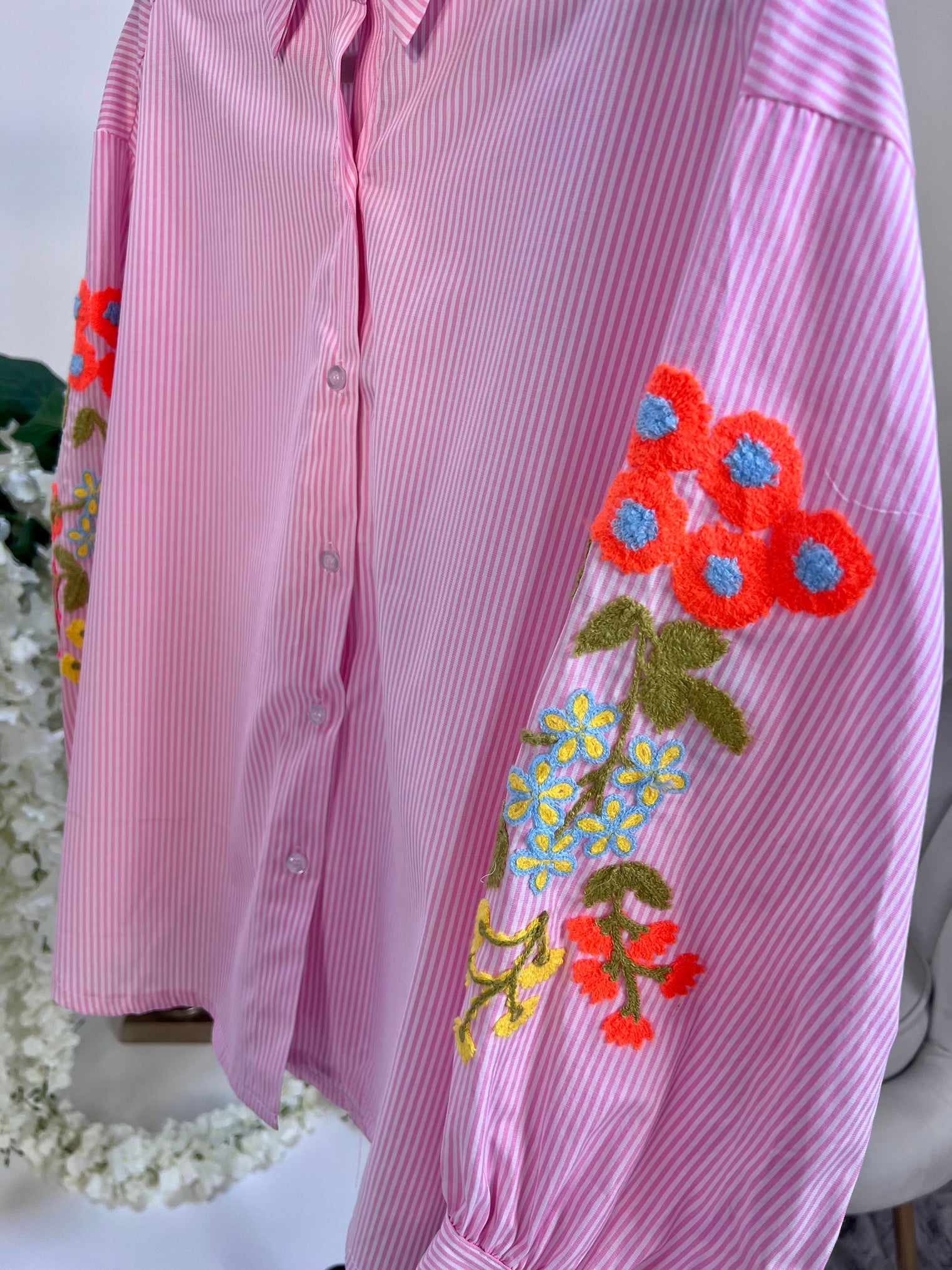 Bluse mit Stickereien LADY LIKE rosa/weiß gestreift