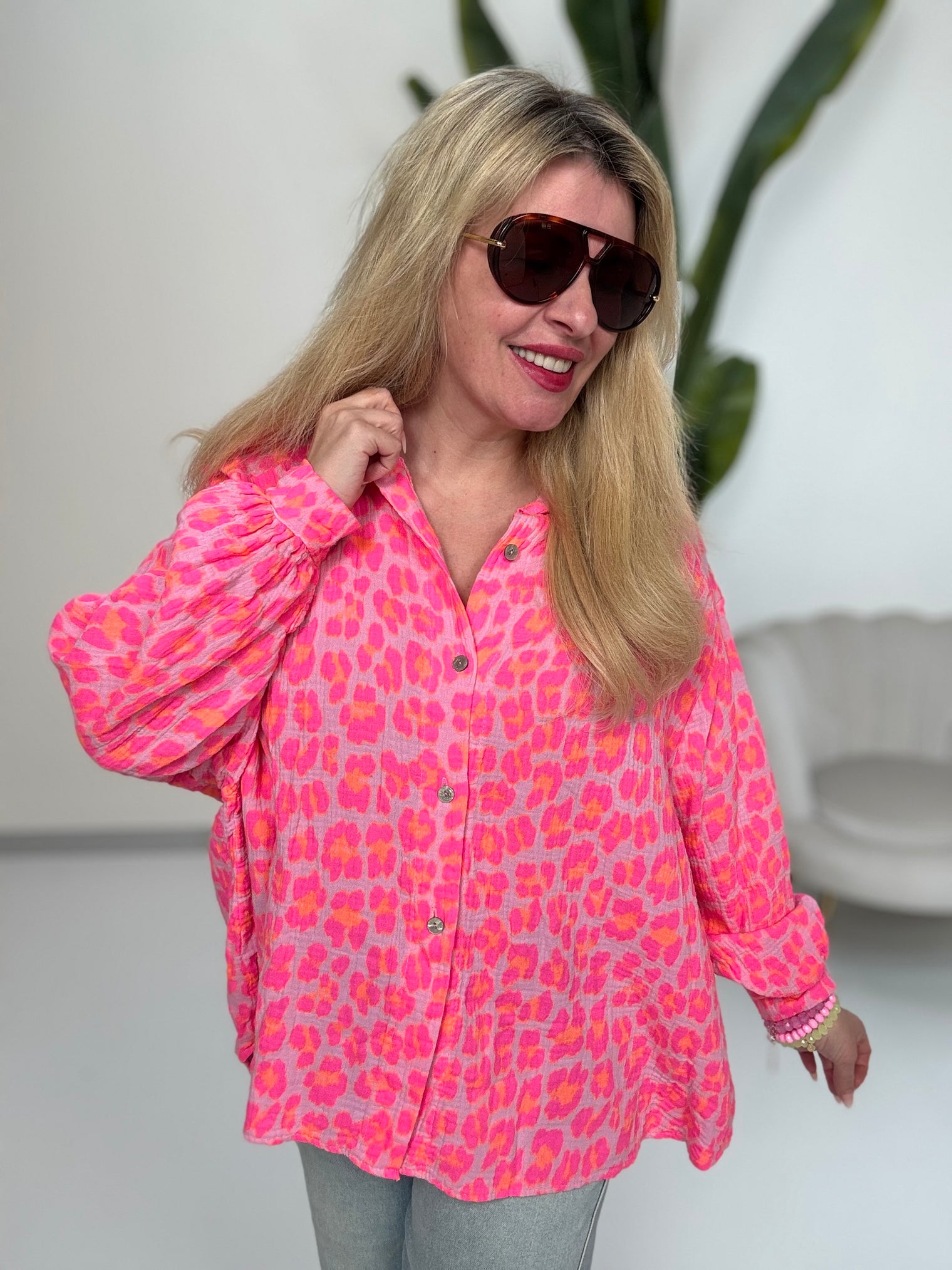 Musselin Bluse rosa LEO POWER hot rosa mit pink orange