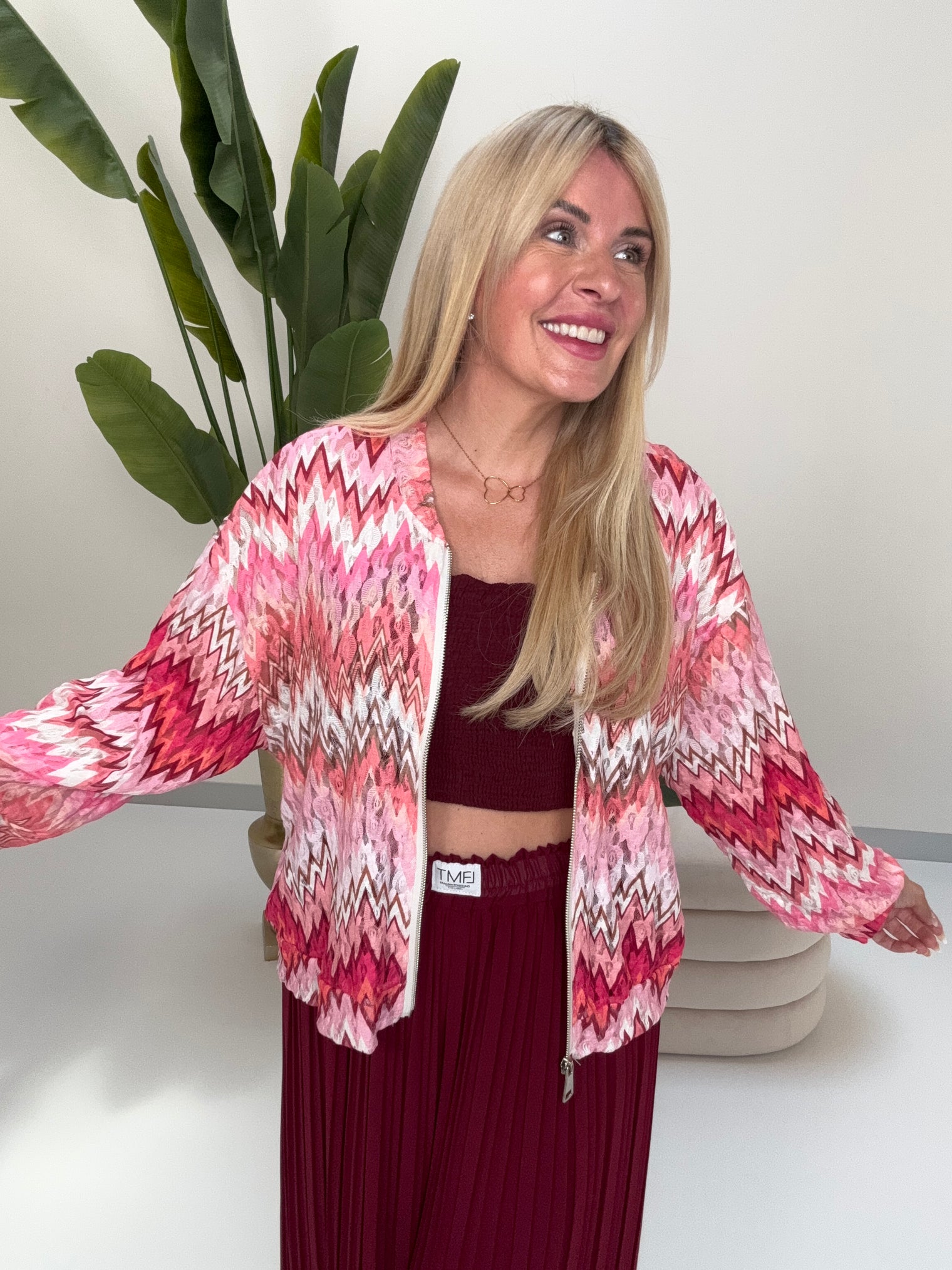 Blouson Spitzen Zipper Jacke weiß/rosa/fuchsia/pink