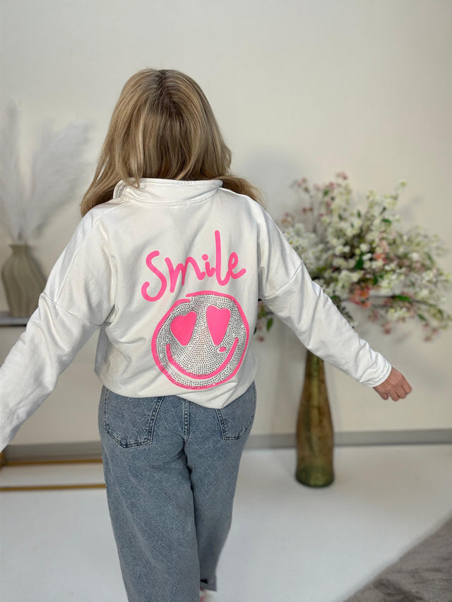 Halfzip Pullover mit Rückenprint SMILE mit Glitzersteinen