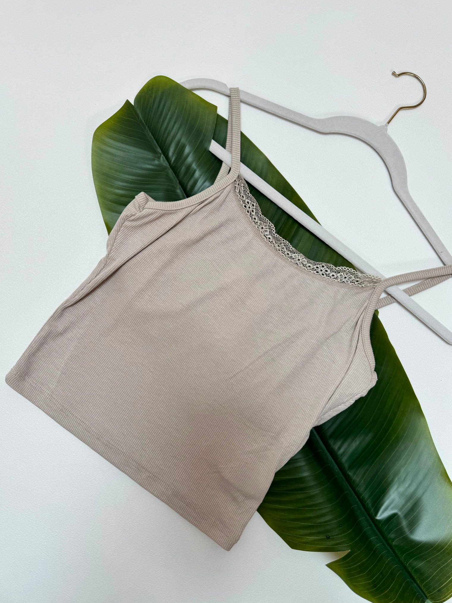Ripp Spaghettiträger Top Cropped mit Spitze creme