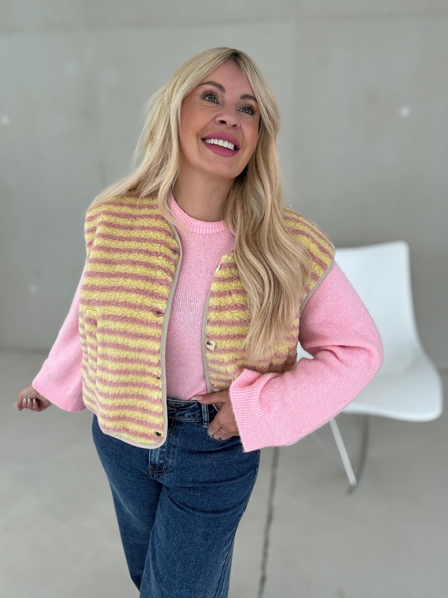 Teddyweste STRIPES Buttermilk Lemon rosa