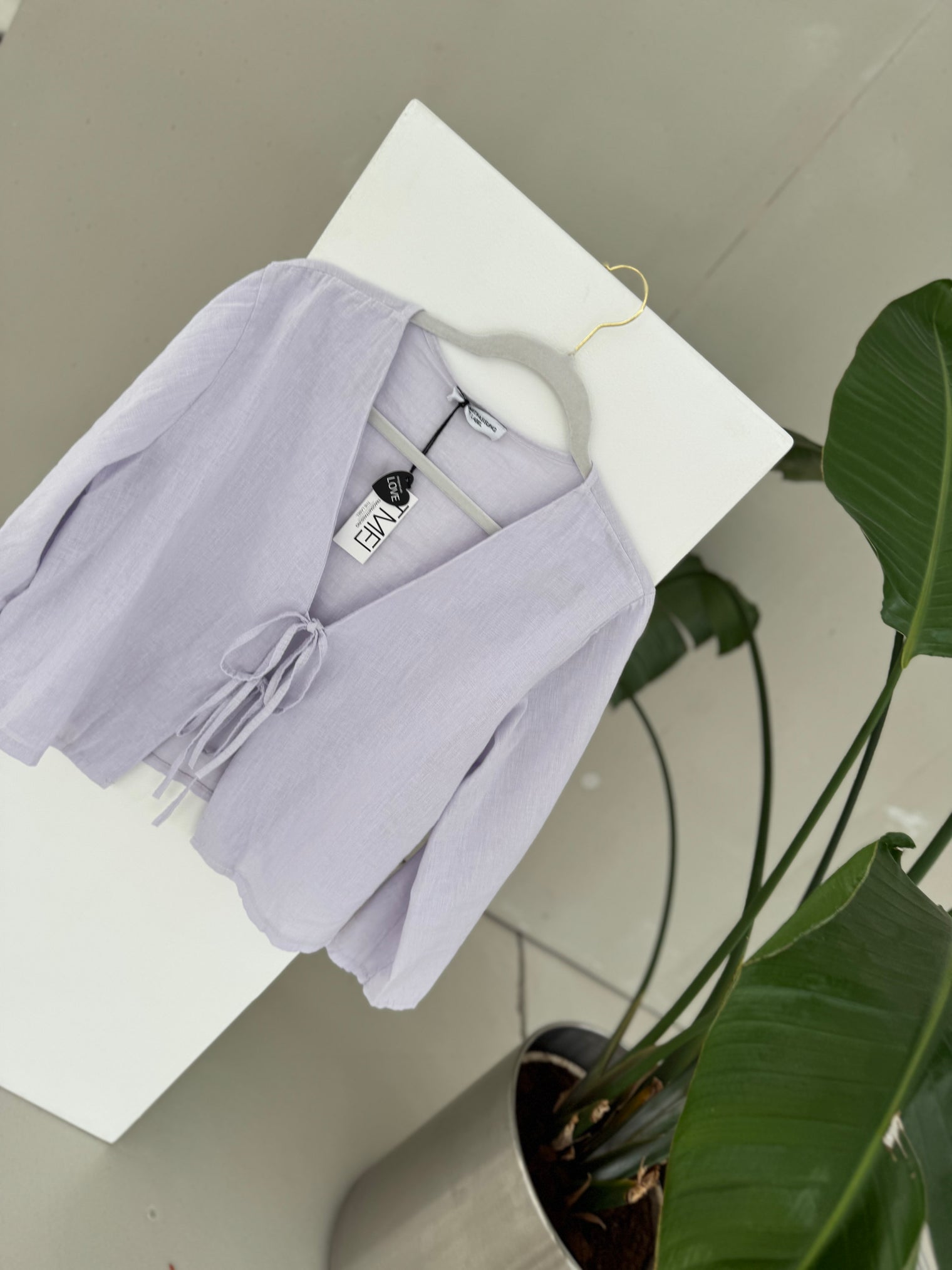 LEINEN Bluse langarm CANDY FLIEDER mit Schleifchen