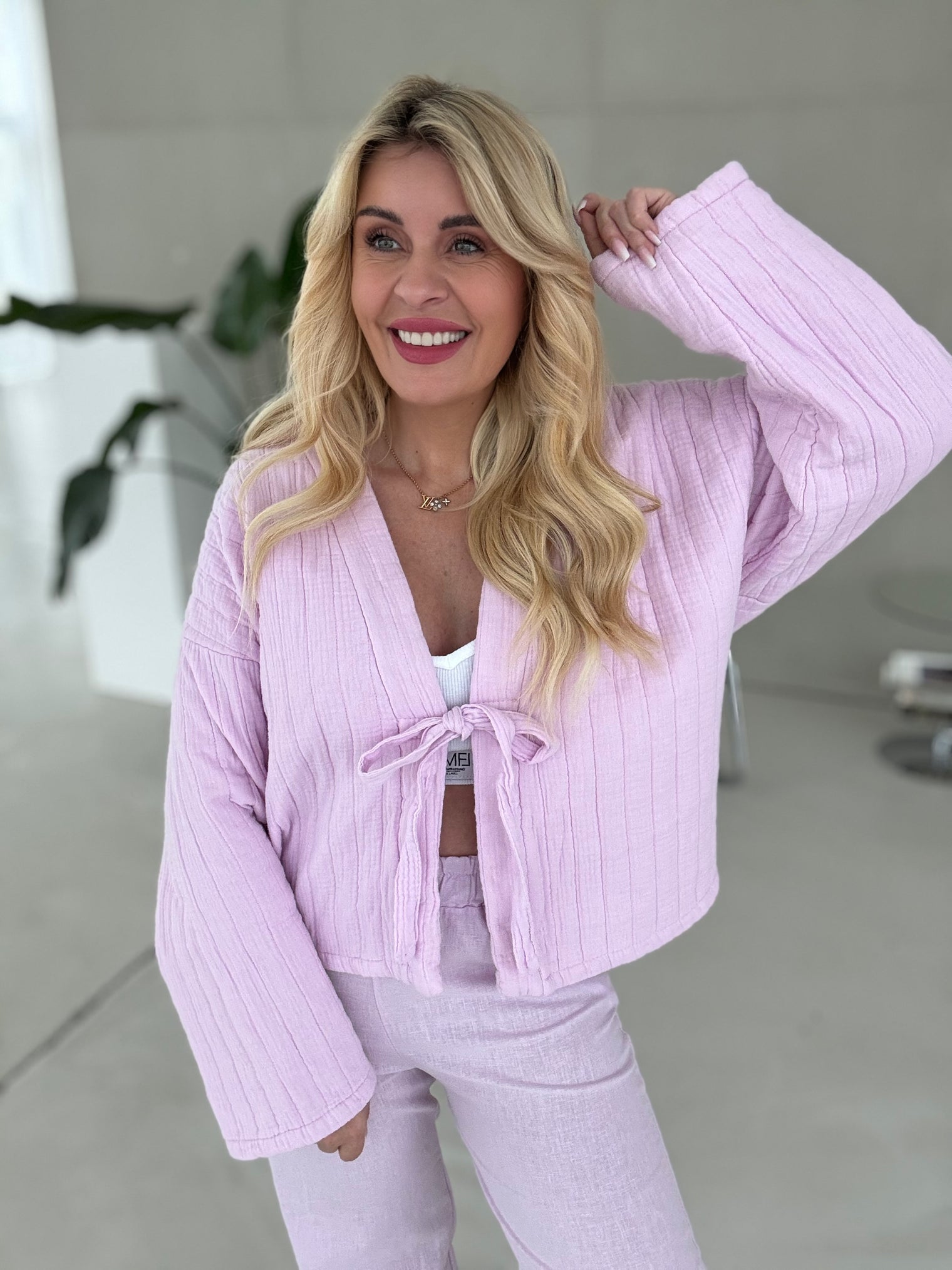 Musselin Steppjacke CANDY FLIEDER zum binden