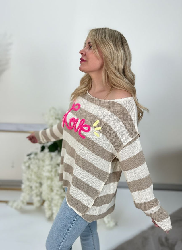 Strickpullover creme/beige gestreift LOVE in hotpink
