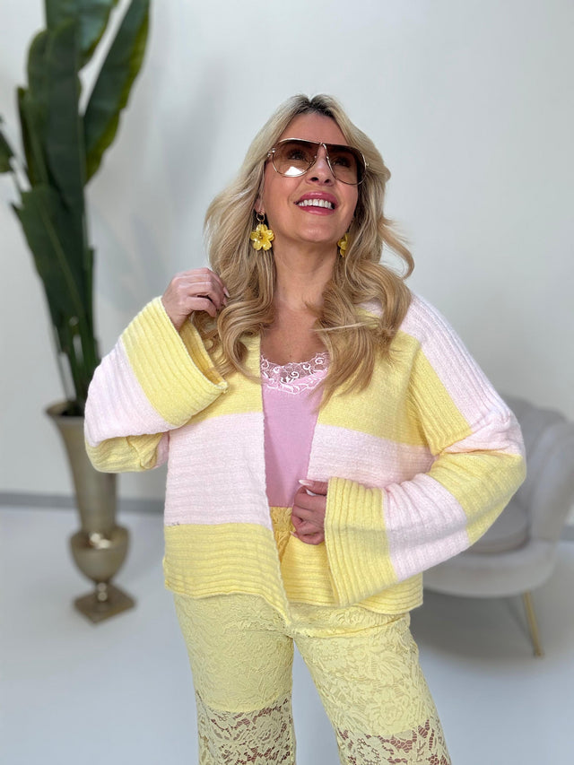 Cardigan BIG BLOCK STRIPES buttermilk lemon/rosa