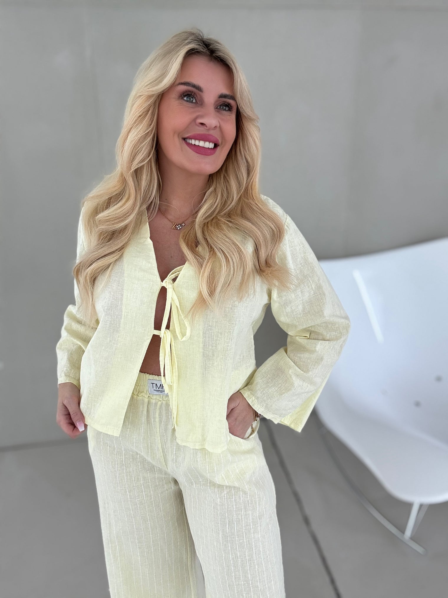 Leinen Bluse langarm BUTTERMILK LEMON mit Schleifchen