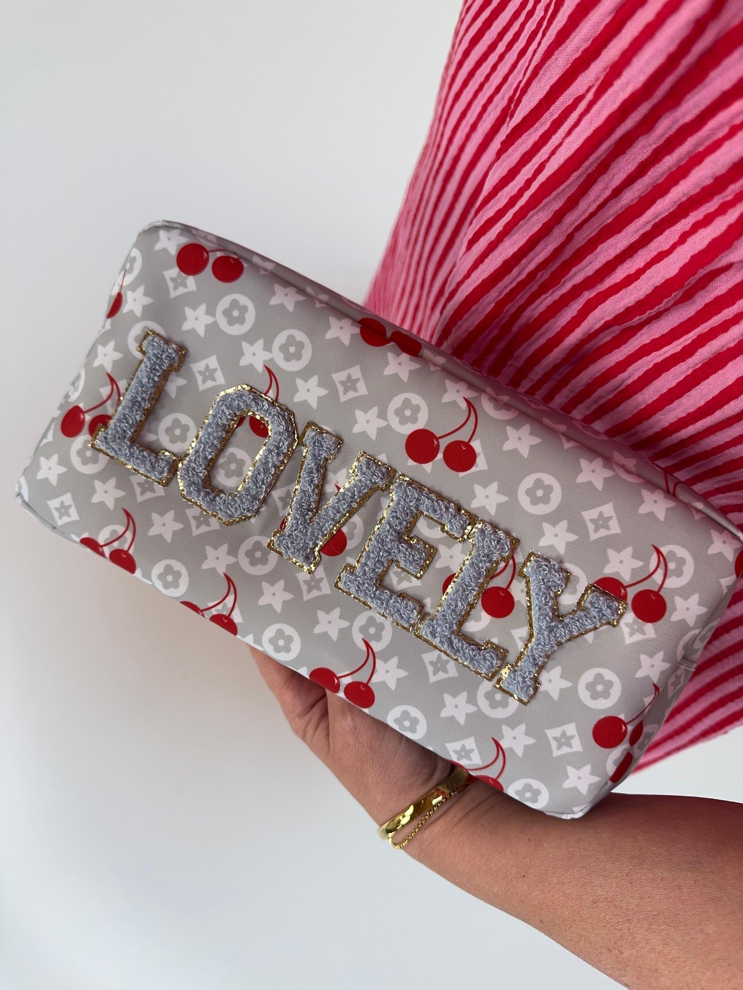 Long Bag LOVELY grau/hellblau/rot mit Kirschen