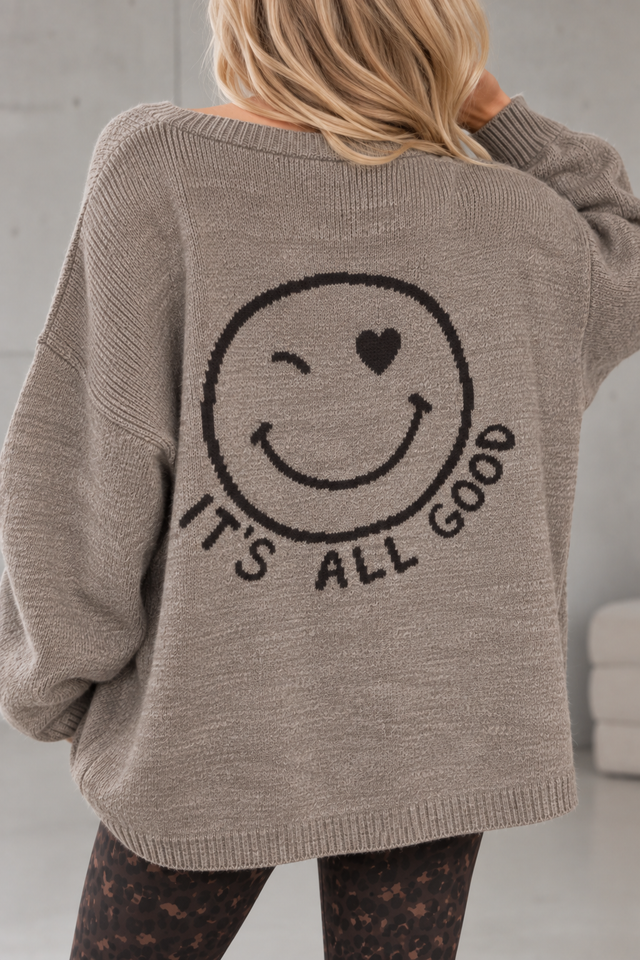 Oversize Strickpullover mit Smiley&Rückenprint taupe/dark chocolate