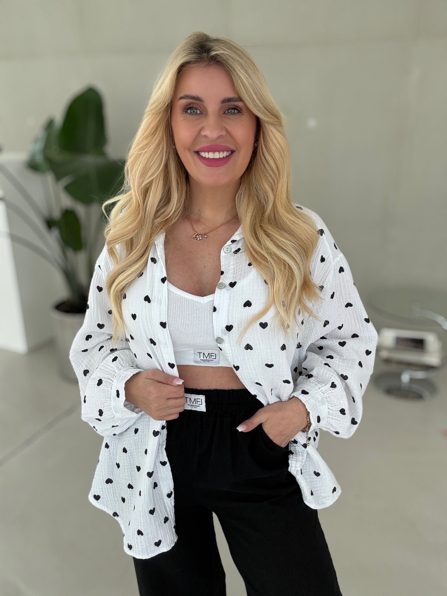 Signature Musselin Bluse HEARTS Knopfleiste WEIß/SCHWARZ