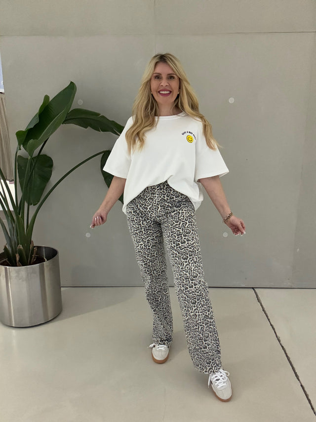 Stretch Straight Leg Jeans im Leomuster hell