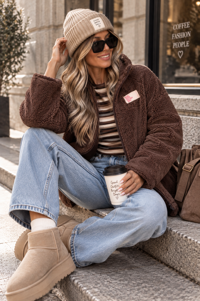 Kuschel Jacke mit Reißverschluss & Patch BE THE REASON FOR SMILES TODAY dark chocolate