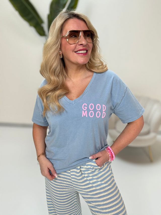 Statement Shirt weiß GOOD MOOD hellblau