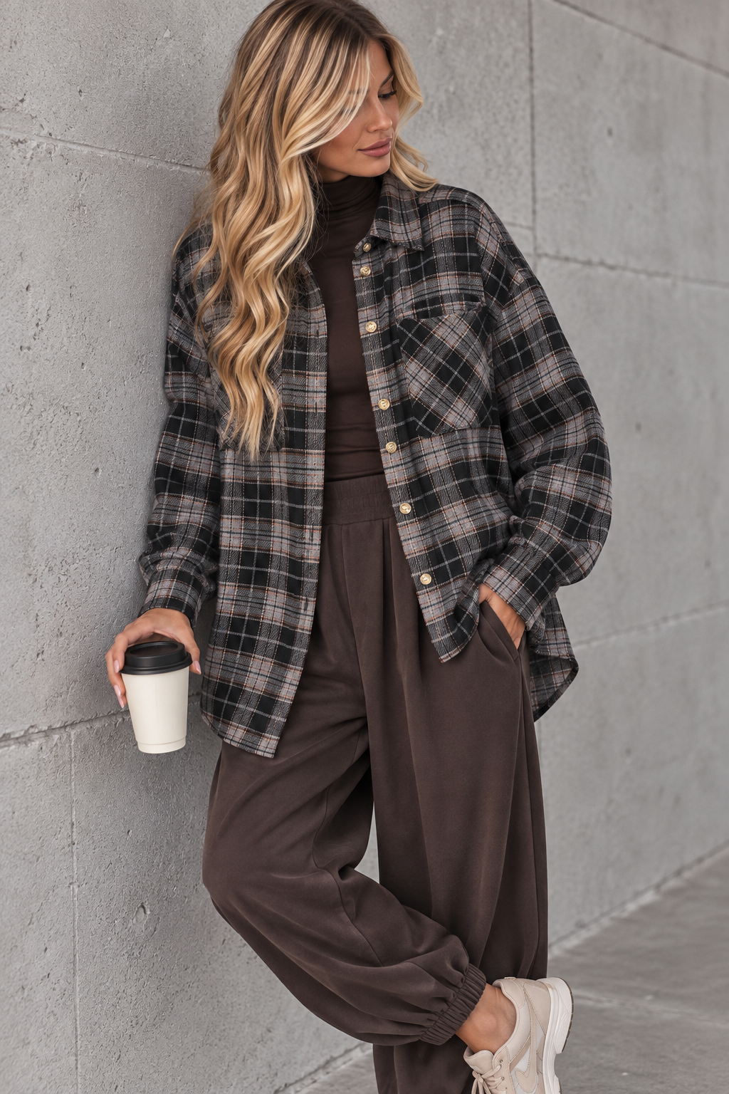 Weiches Oversize Flanellhemd kariert grau/schwarz