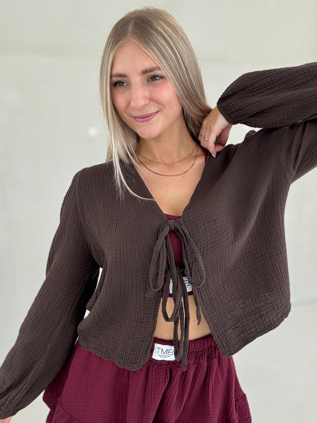 Signature Musselin Bluse MOCHA MOUSSE mit Schleifchen Cropped