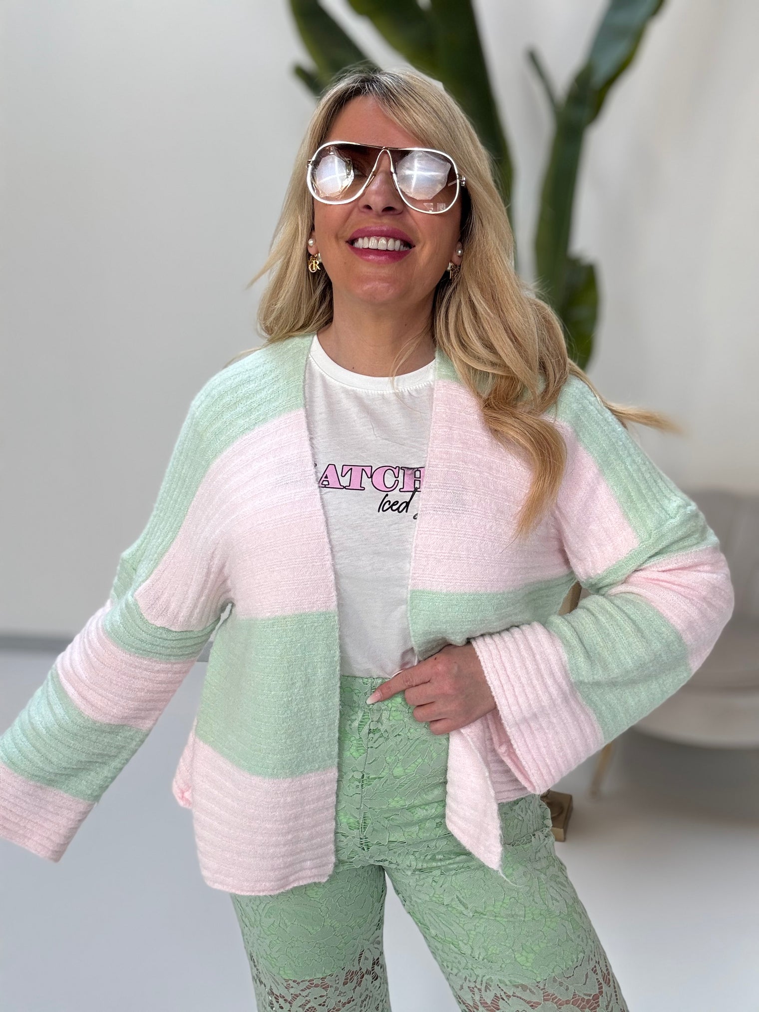 Cardigan BIG BLOCK STRIPES Mint rosa