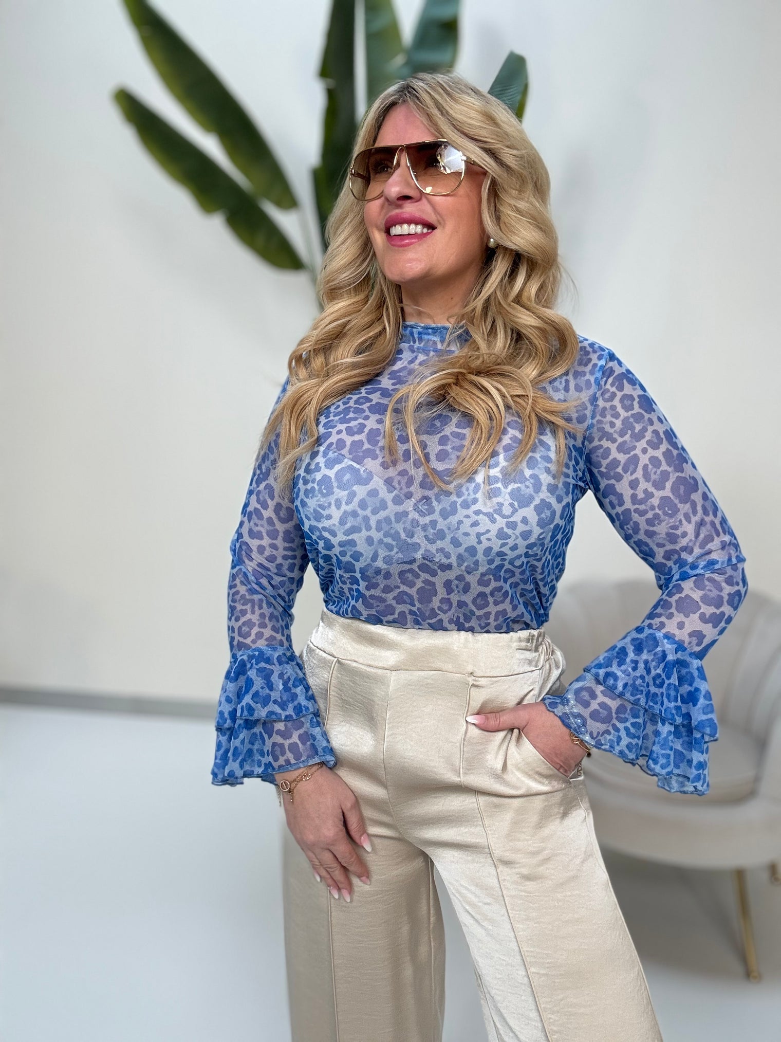 Mesh Langarmshirt WILD GIRL blau leo