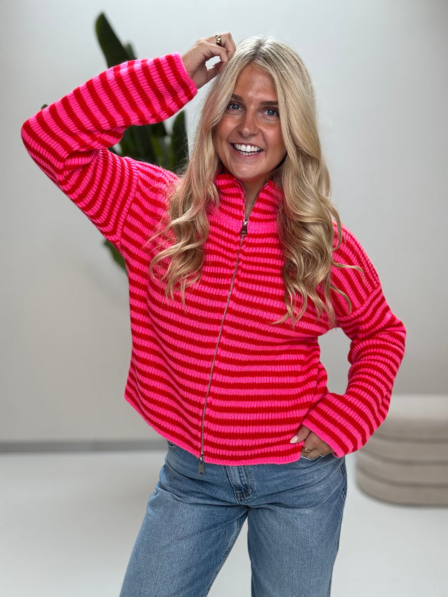 Zipper Strickjacke mit leicht ausgestelltem Ärmel pink/rot