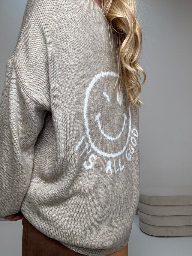 Oversize Strickpullover mit Smiley&Rückenprint beige/creme