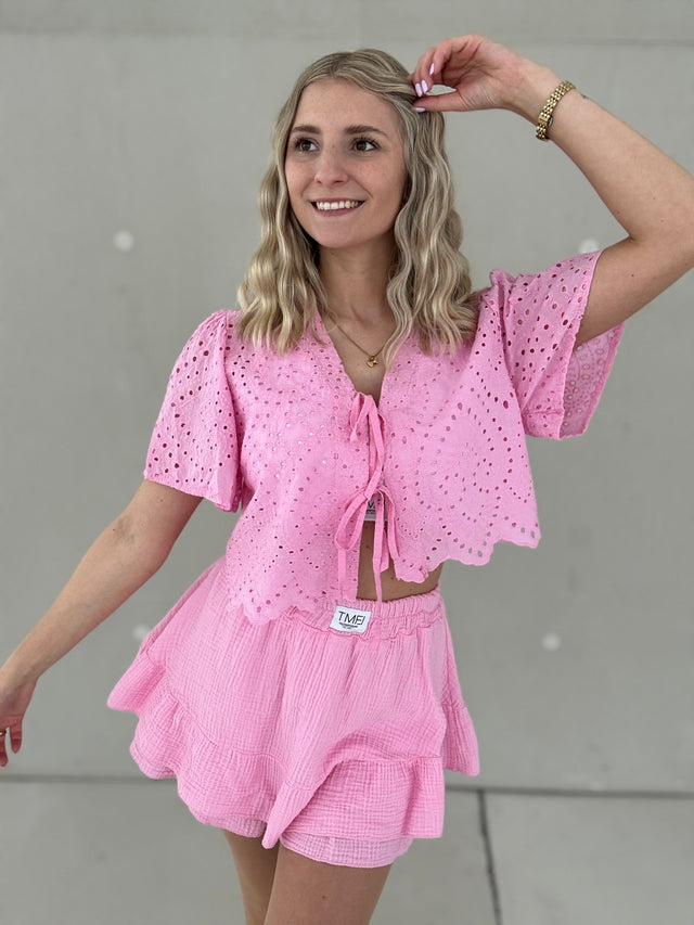 Bluse kurzarm HOT ROSA Lochspitze zum binden