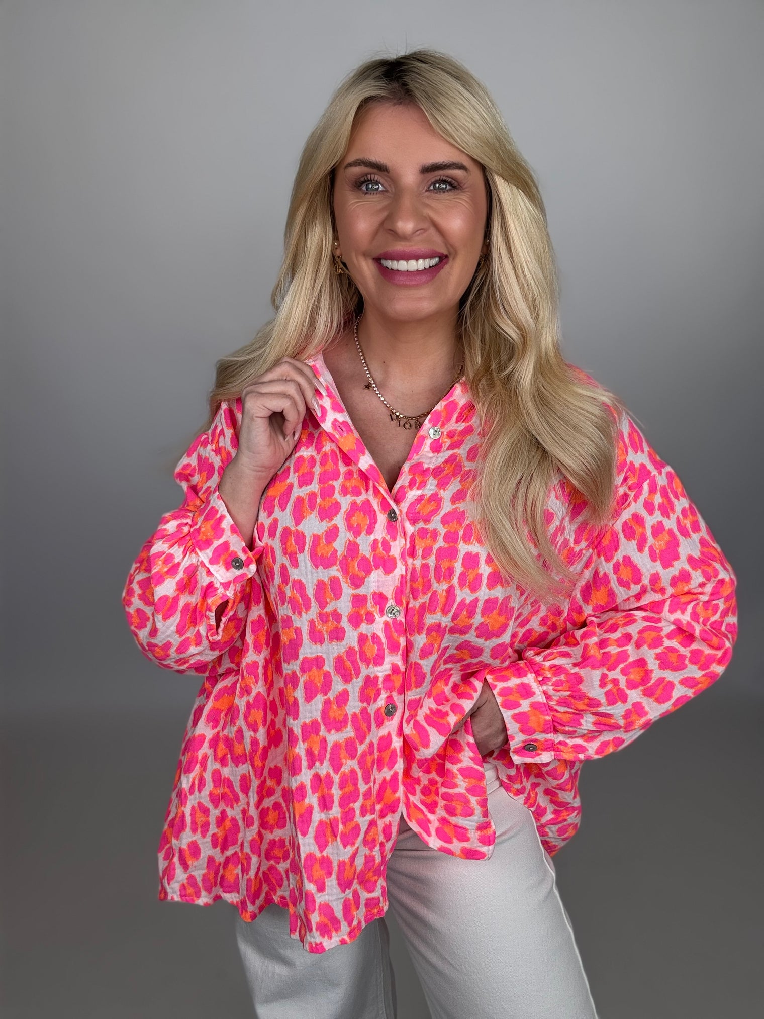 Musselin Bluse weiß LEO POWER hot pink&orange