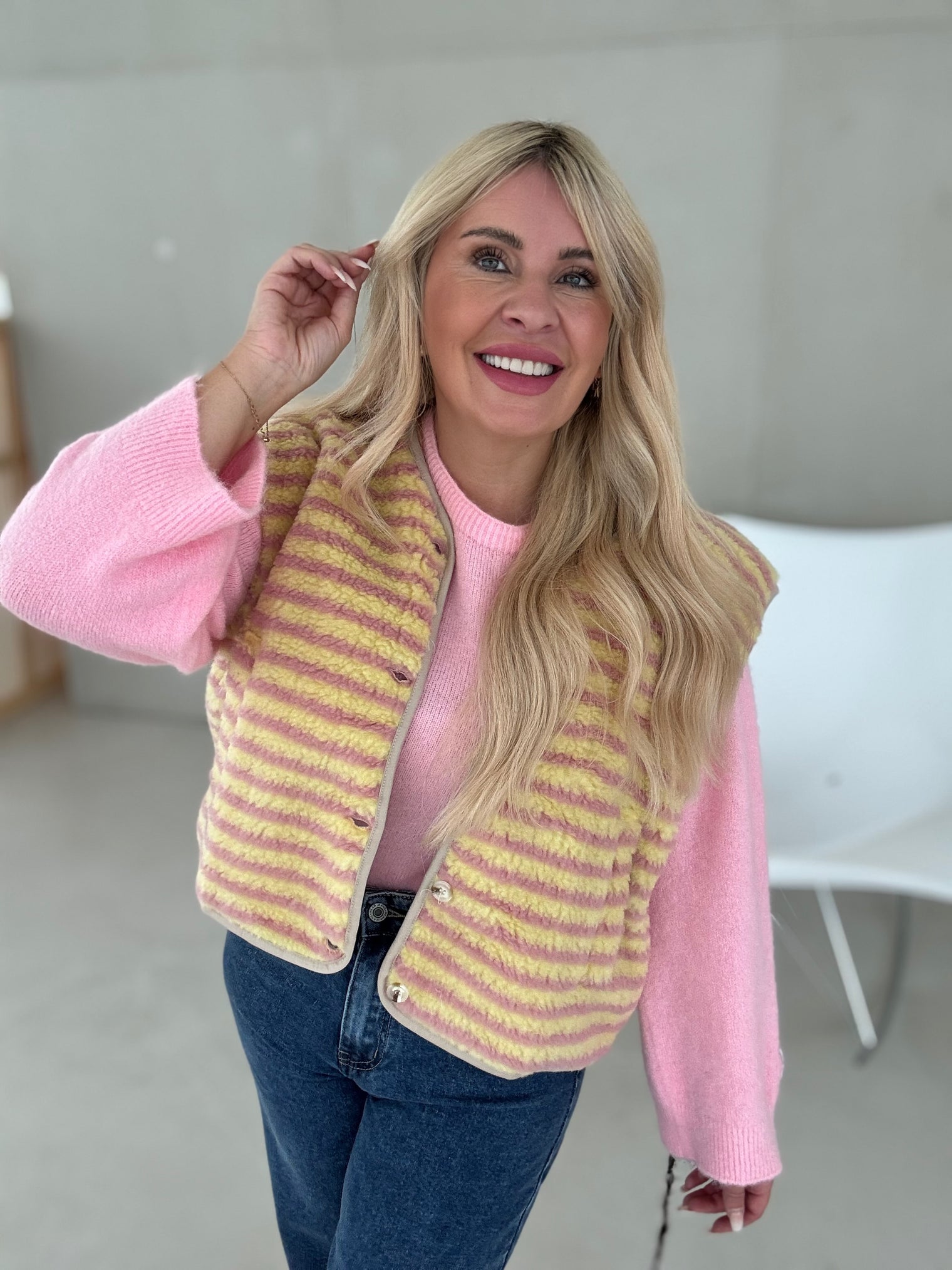 Teddyweste STRIPES Buttermilk Lemon rosa