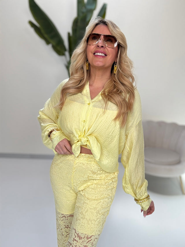 Musselinbluse feiner Stoff gelb zum knoten