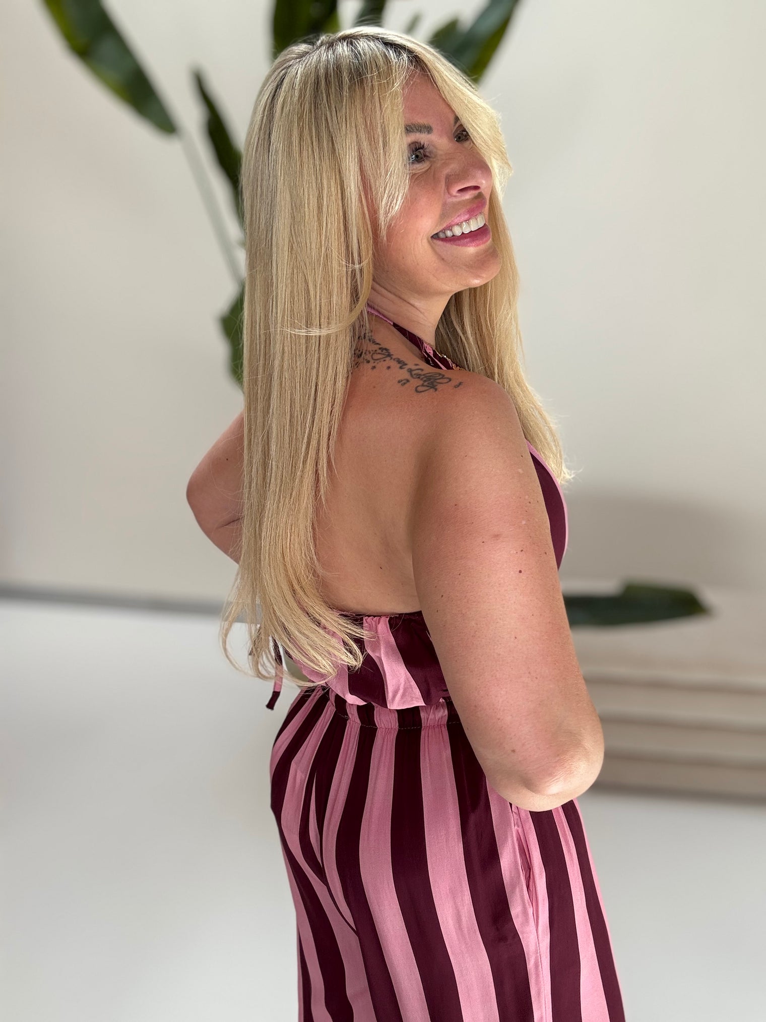 Neckholder Top zum binden BIG BLOCK STRIPES burgundy/rosa