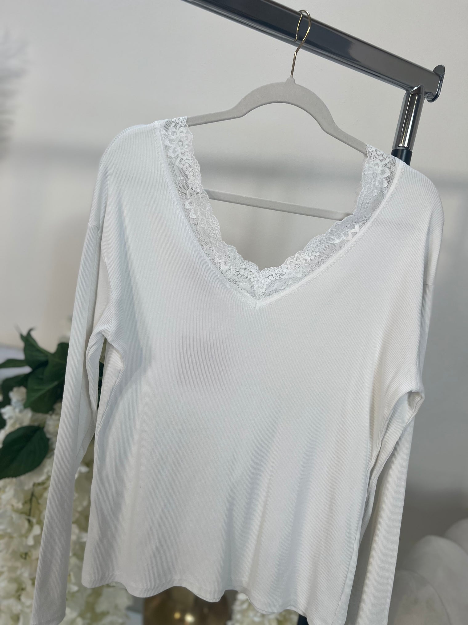 Langarmshirt weiß LUXURY BASIC mit Spitze