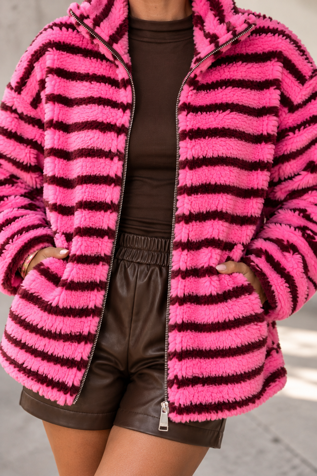 Teddy Jacke mit Reißverschluss pink/burgundy gestreift