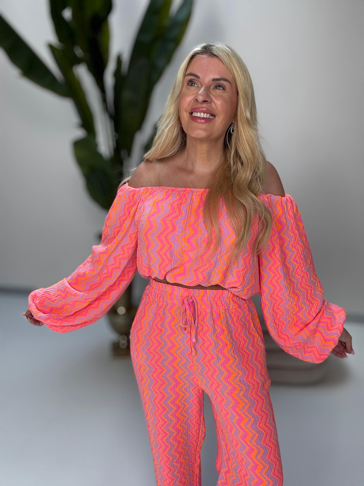 Musselin Carmen Bluse On FIRE rosa/pink/orange
