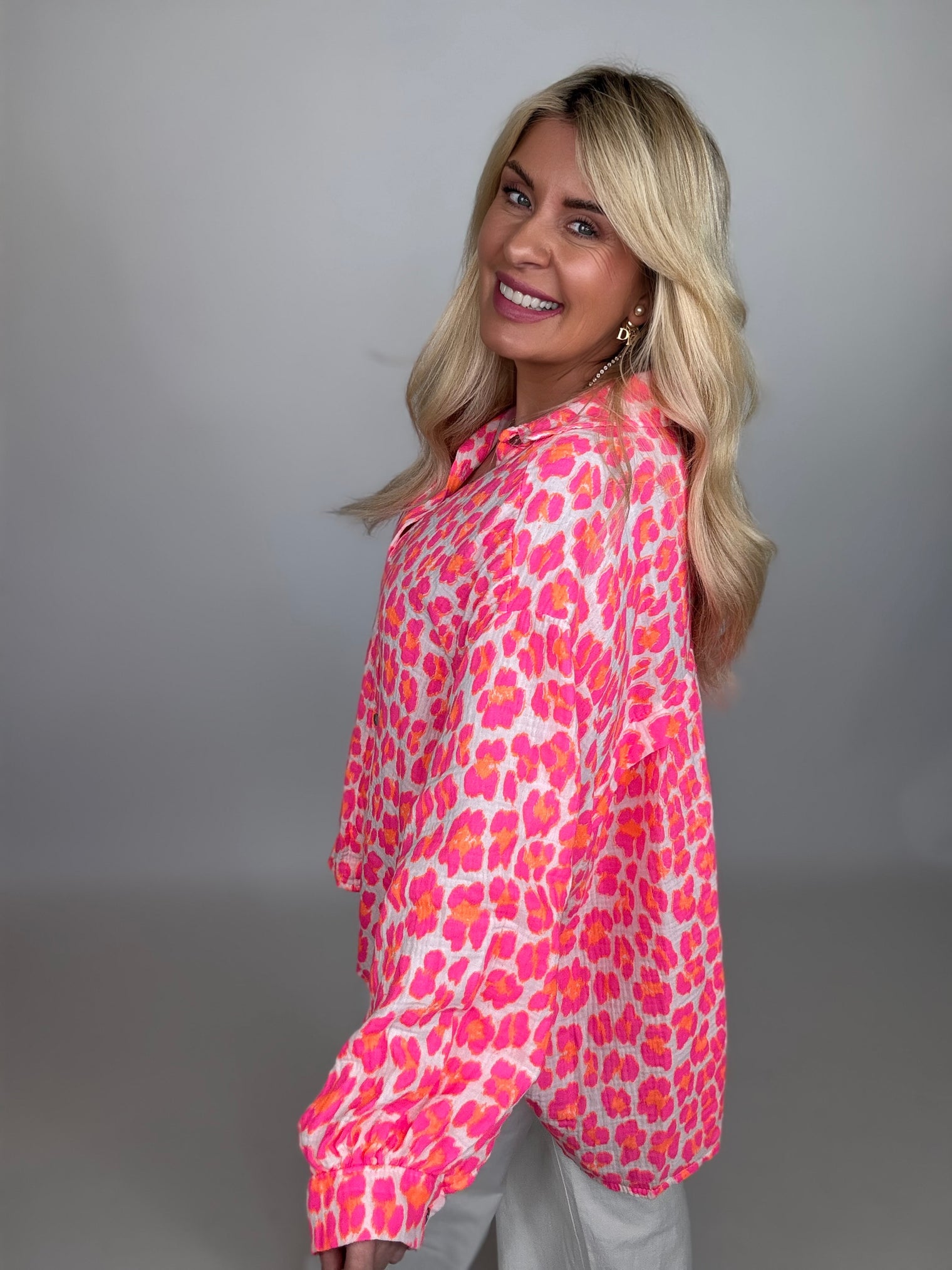 Musselin Bluse weiß LEO POWER hot pink&orange