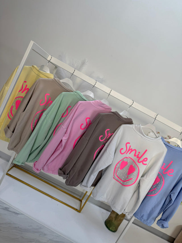 Halfzip Pullover mit Rückenprint SMILE mit Glitzersteinen