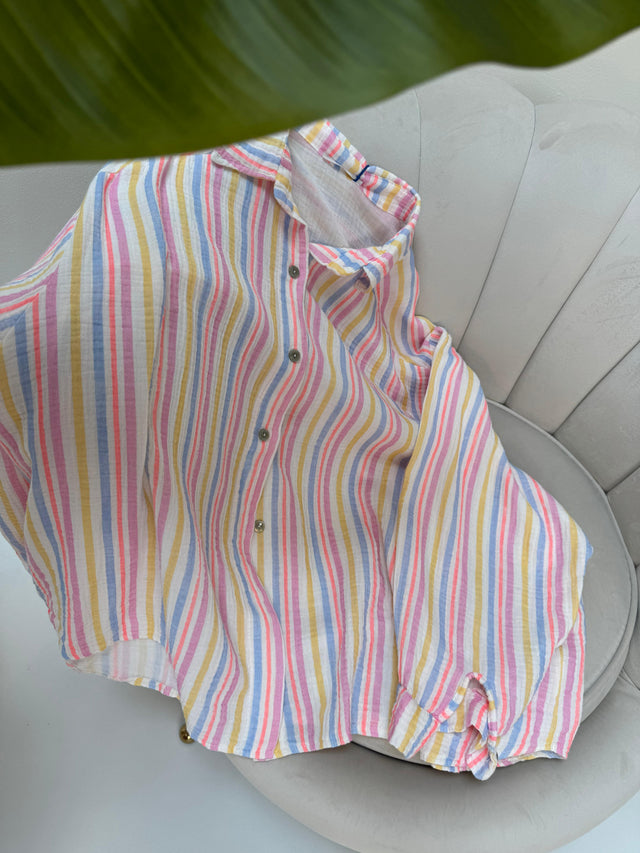 Musselin Bluse weiß COLORFUL STRIPES blau/pink/gelb/peach