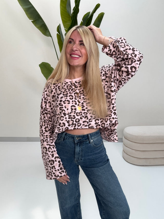Longsleeve mit leicht ausgestelltem Ärmel hellrosa LEO schwarz/taupe