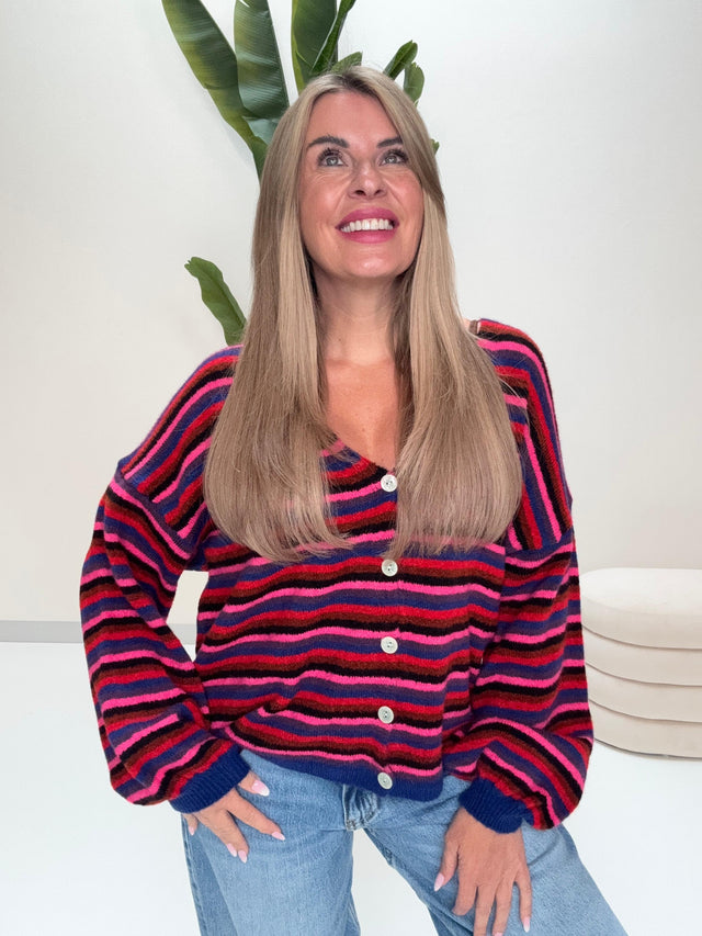 Kuschel Strickjacke mit Knopfleiste blau/pink/rot/burgundy