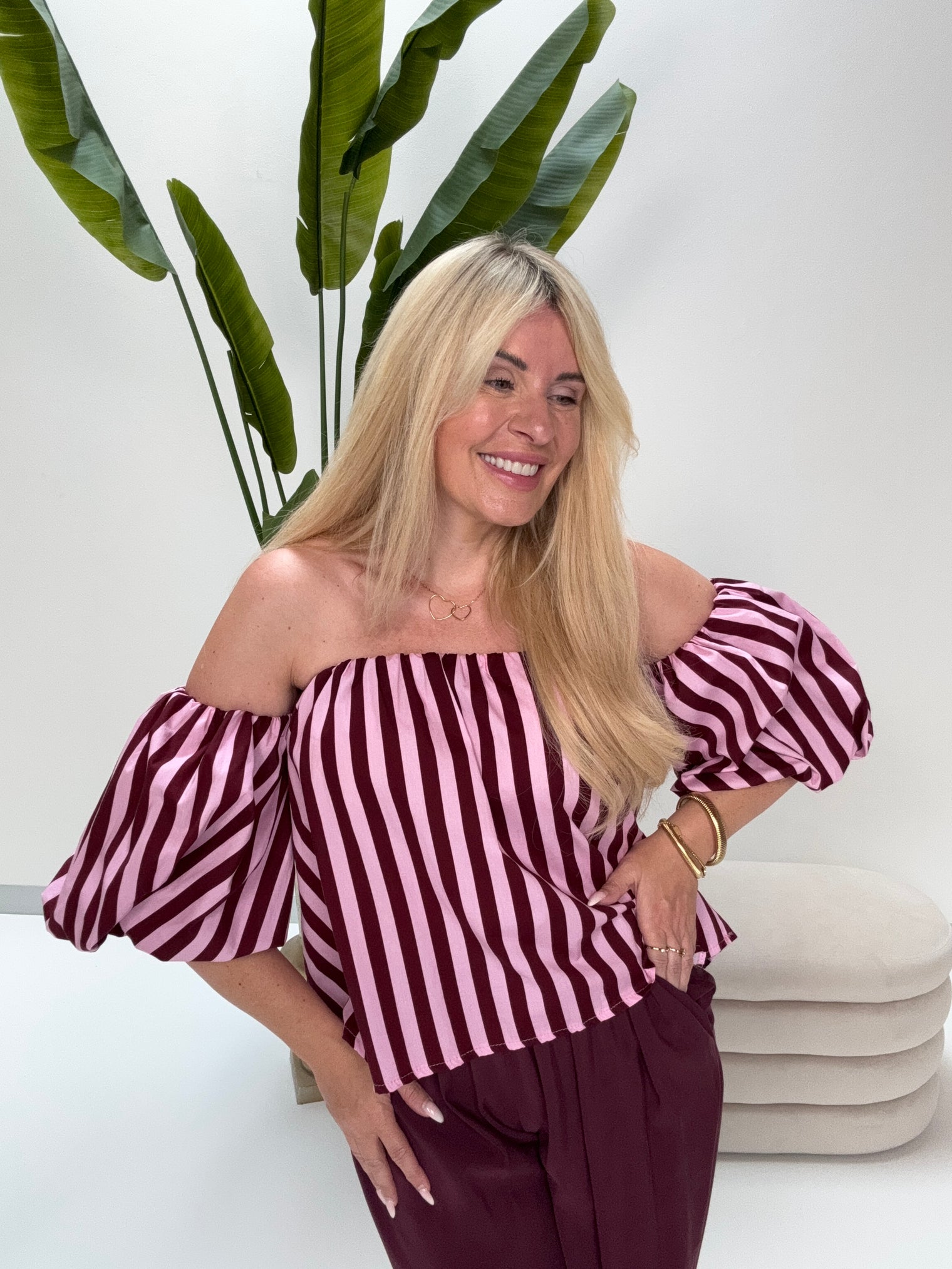 Carmen Bluse BLOCK STRIPES hellrosa/burgundy