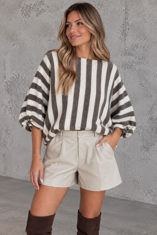 Oversize Strickpullover Stripes mit Alpakaanteil taupe /creme