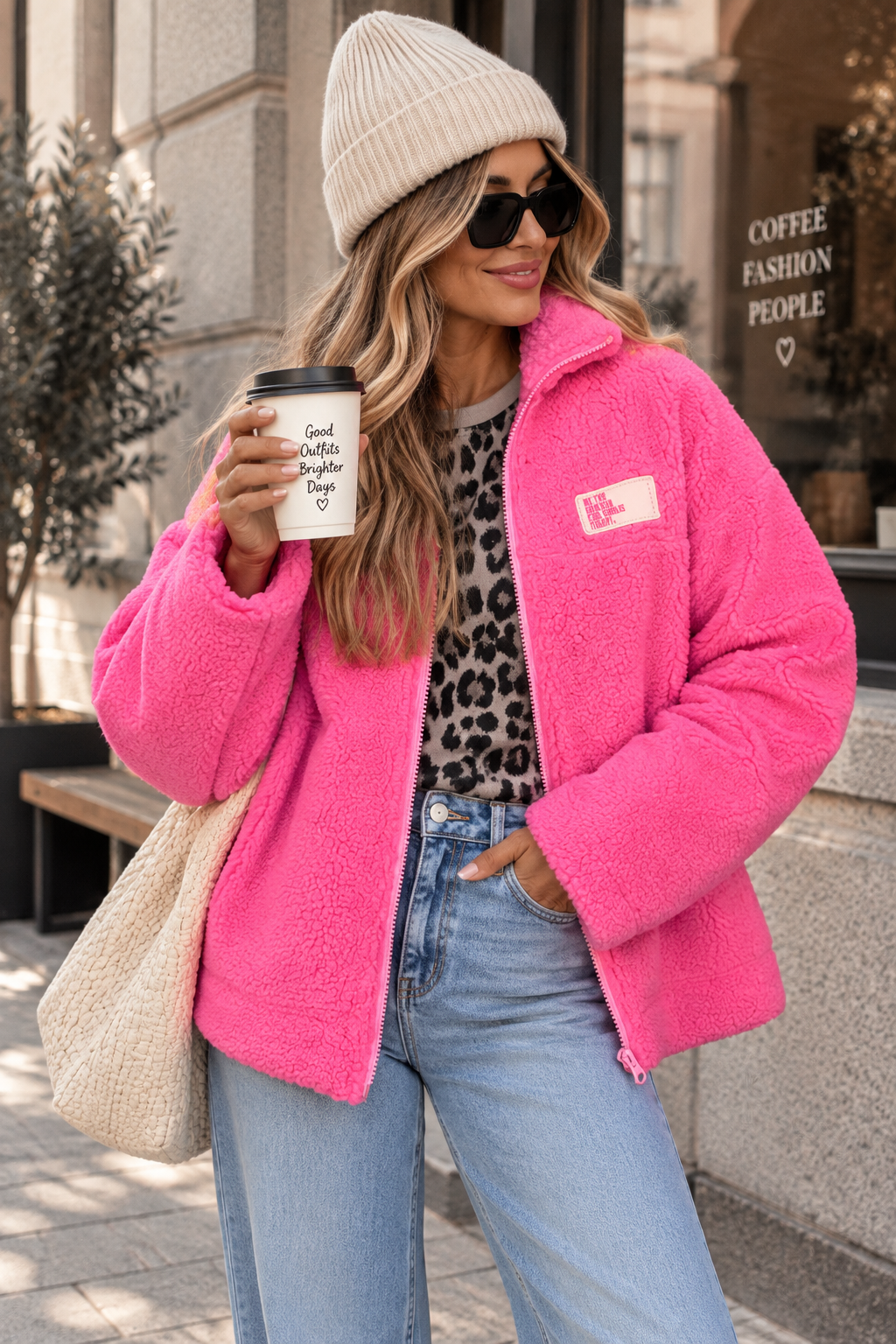 Kuschel Jacke mit Reißverschluss & Patch BE THE REASON FOR SMILES TODAY pink