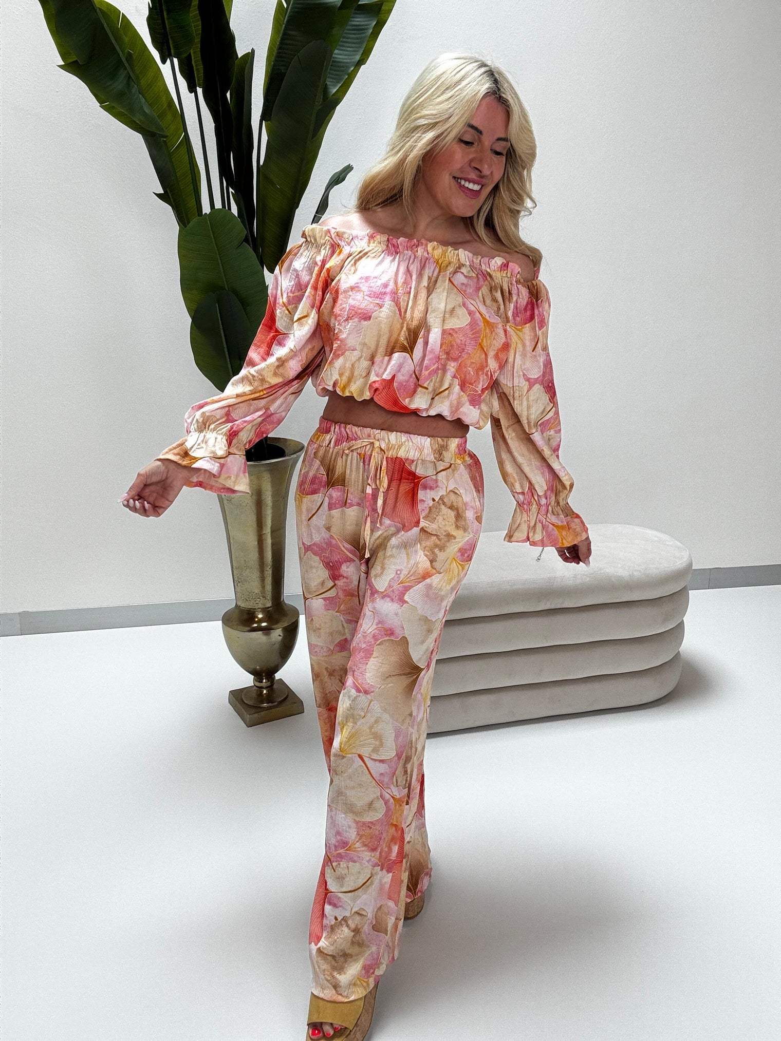 Sommer Hose FLORAL QUEEN beige/creme/rose