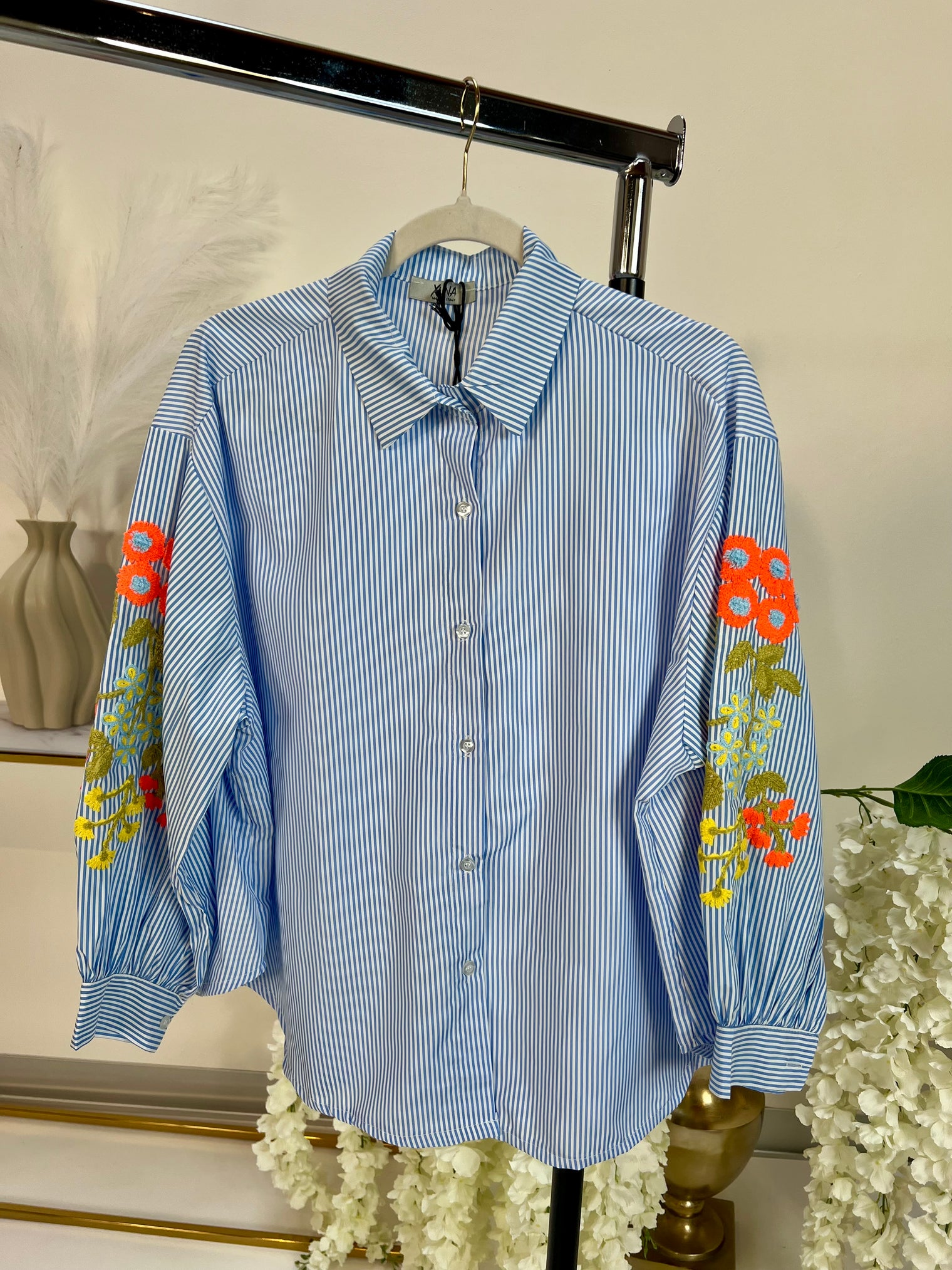 Bluse mit Stickereien LADY LIKE hellblau/weiß gestreift