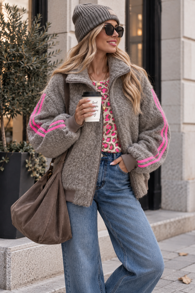 Jacke SPORTY COZYNESS soft taupe/pink mit seitlichen Streifen