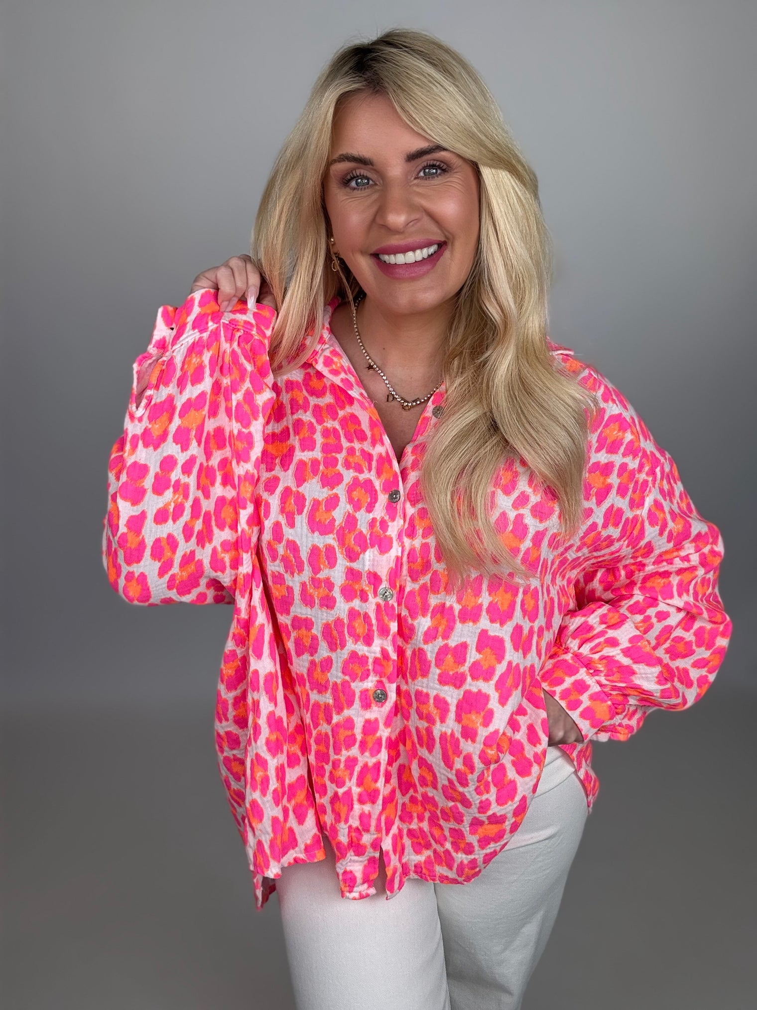 Musselin Bluse weiß LEO POWER hot pink&orange
