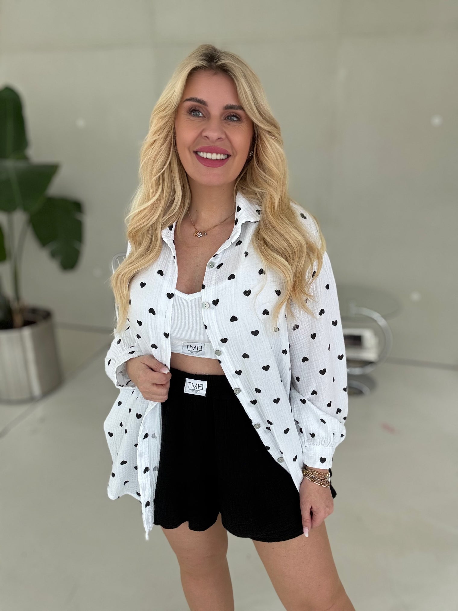 Signature Musselin Bluse HEARTS Knopfleiste WEIß/SCHWARZ