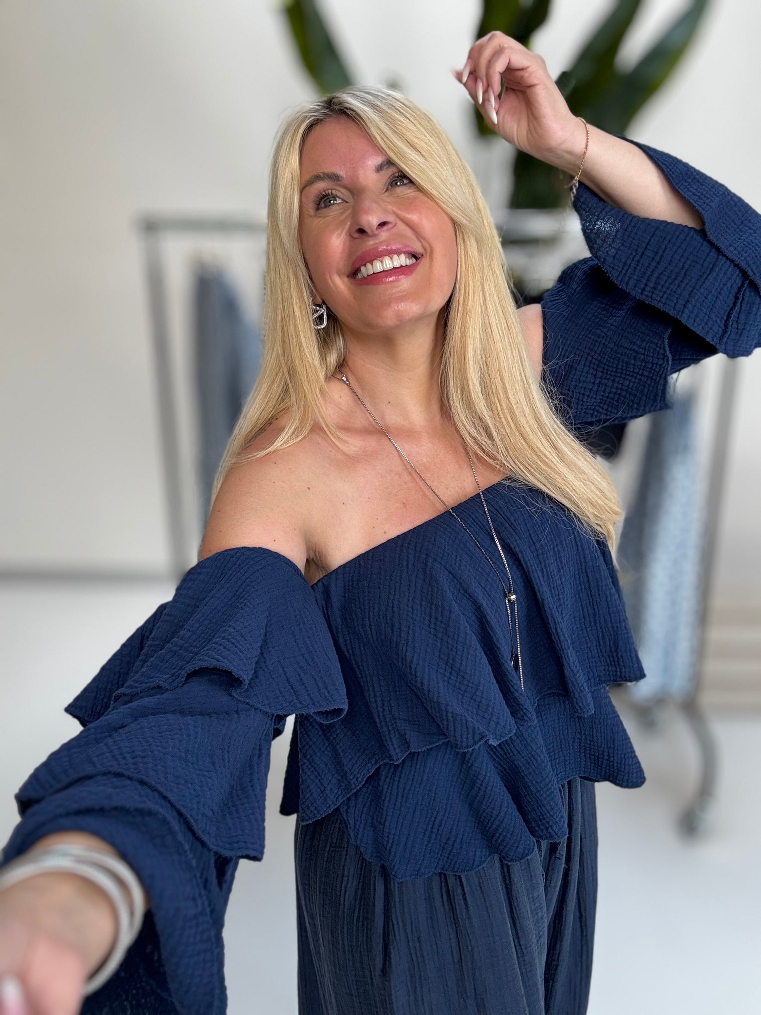 Musselin Carmen Bluse BOHO CHIC blueberry