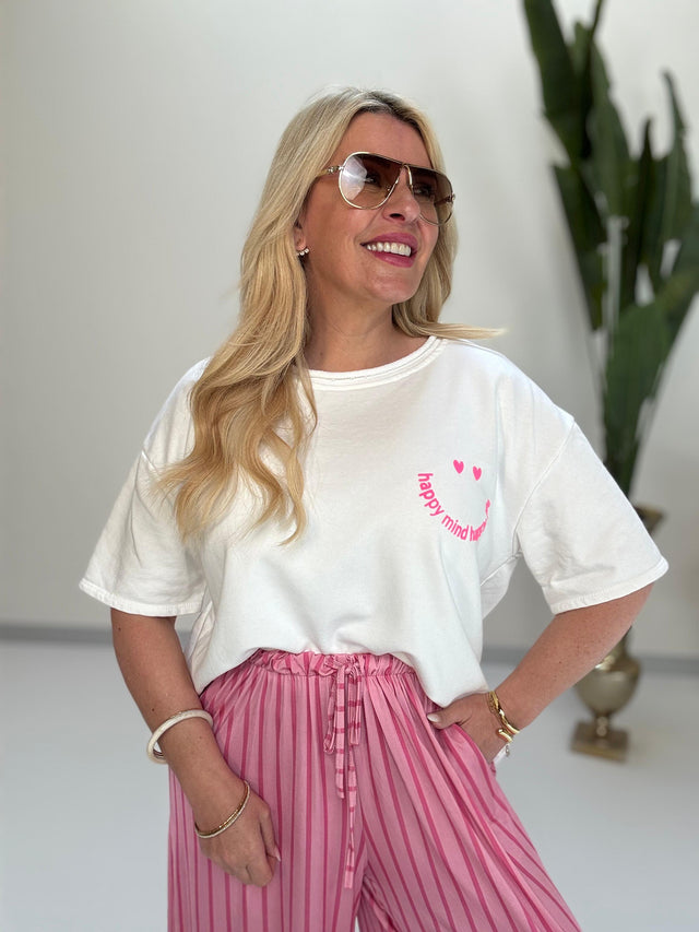 Sweatshirt kurzarm weiß HAPPY MIND HAPPY LIFE pink