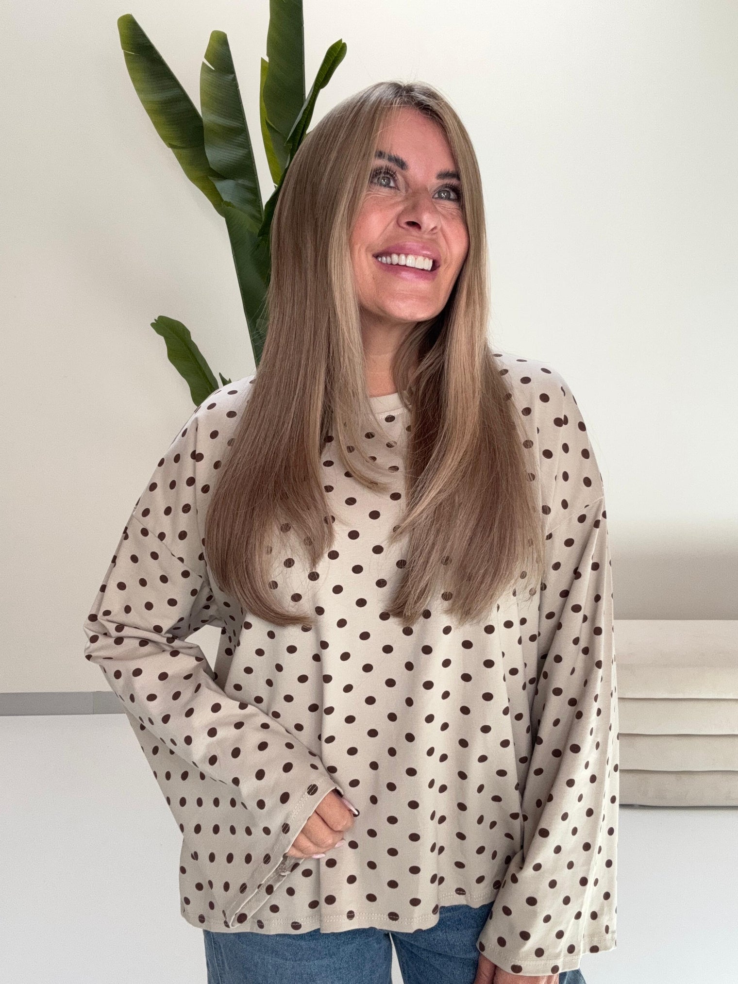 Longsleeve DOTS mit leicht ausgestelltem Ärmel beige